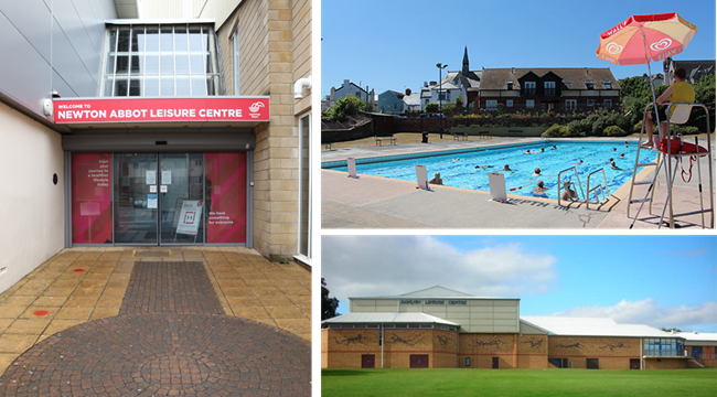 From left to right, Newton Abbot Leisure Centre, The Lido and Broadmeadow Sports Centre Three images showing Newton Abbot Leisure Centre, Broadmeadow Sports Centre and The Lido